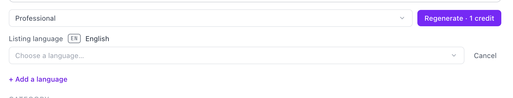 The listing language row in roopafy: the listing is in English, with a language picker to change the main language and a link to add another language