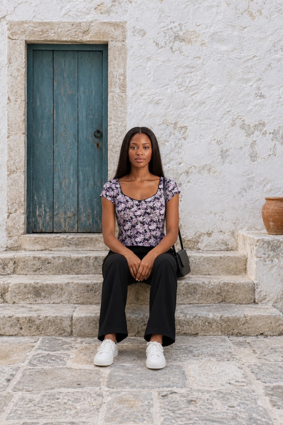 A model in a floral top and black trousers sitting on the third stone step of the same lane, the teal door and terracotta pot unchanged behind her